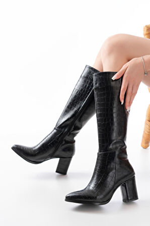 ASFSTORE YSN-4422 Siyah Kroko Topuklu Kadın Çizme