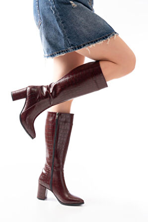 ASFSTORE YSN-4422 Bordo Kroko Topuklu Kadın Çizme