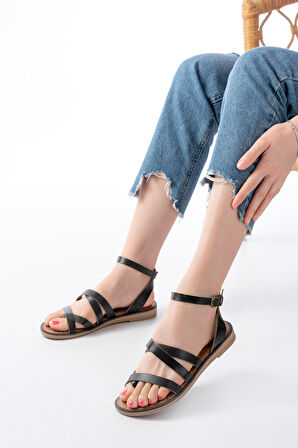 ASFSTORE 205-08 Siyah Ortopedik Hakiki Deri Kadın Sandalet 