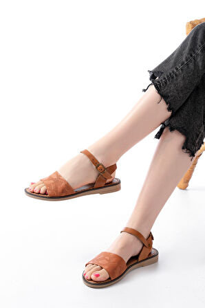 ASFSTORE 205-012 Taba Ortopedik Hakiki Deri Kadın Sandalet   
