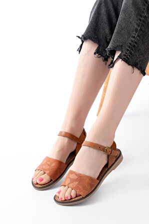 ASFSTORE 205-012 Taba Ortopedik Hakiki Deri Kadın Sandalet   