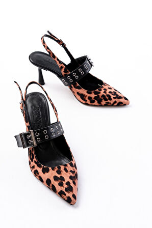 ASFSTORE İNF-260 Siyah Leopar Günlük Arkası Açık Baret Tokalı Topuklu Bayan Ayakkabı