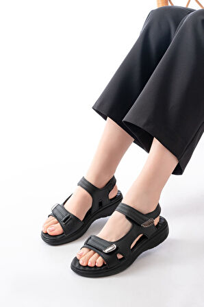 ASFSTORE DM-363  Siyah Baret Cırtlı Dikişli Günlük Kadın Sandalet