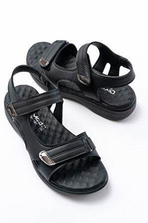 ASFSTORE DM-363  Siyah Baret Cırtlı Dikişli Günlük Kadın Sandalet