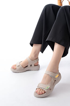 ASFSTORE DM-363  Bej Baret Cırtlı Dikişli Günlük Kadın Sandalet