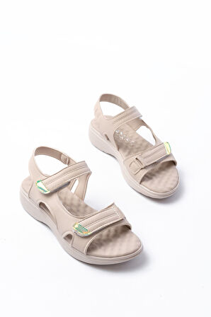 ASFSTORE DM-363  Bej Baret Cırtlı Dikişli Günlük Kadın Sandalet