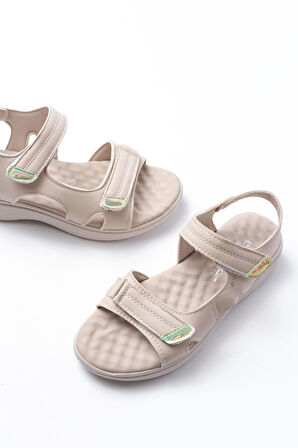 ASFSTORE DM-363  Bej Baret Cırtlı Dikişli Günlük Kadın Sandalet
