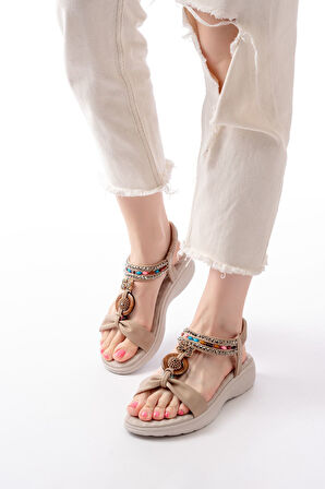 ASFSTORE DM-608 Bej Taşlı Arka Lastikli Günlük Kadın Sandalet 