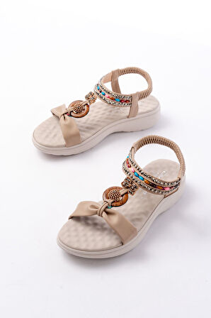 ASFSTORE DM-608 Bej Taşlı Arka Lastikli Günlük Kadın Sandalet 