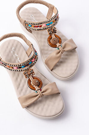 ASFSTORE DM-608 Bej Taşlı Arka Lastikli Günlük Kadın Sandalet 