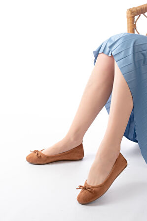 ASFSTORE 6101 Taba Süet Fiyonklu Günlük Kadın Babet 