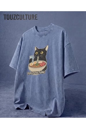 Touz Culture Cat Baskılı Yıkamalı Vintage Unisex Oversize T-Shirt