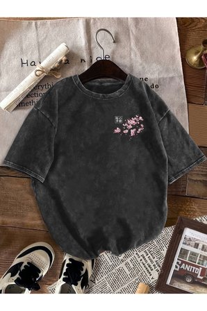 Japan Sakura Baskılı Yıkamalı Vintage Unisex Oversize T-Shirt