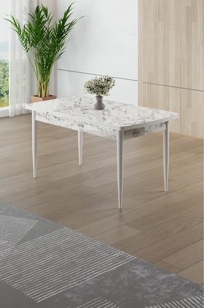 Asfel Serisi MDF 77x130 Beyaz Mermer Desen Yandan Açılabilir Mutfak Masa Takımı 6 Antrasit Sandalye