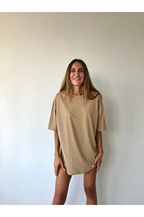 Unisex Pamuk Bisiklet Yaka Boyfriend Örme Oversize T-shirt