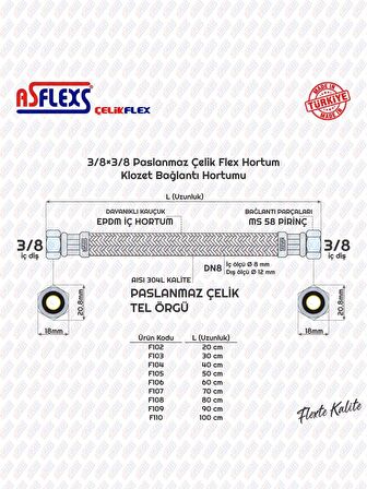 ASFLEXS 3/8×3/8 (BÜTÜN UZUNLUKLAR) Paslanmaz Çelik Flex Hortum Klozet Bağlantı Hortumu (50 cm)