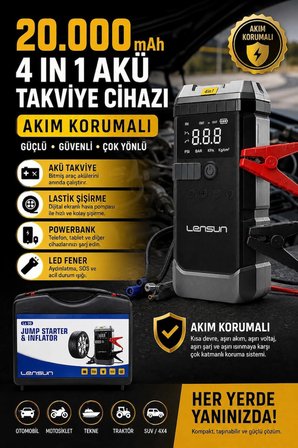 20.000 mAh 4’ü 1 Arada Akü Takviye Cihazı – Lastik Şişirme, Powerbank, LED Işıldak Özellikli