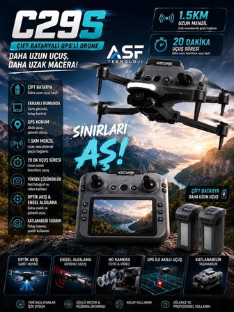 C29S Dron Ekranlı Kumanda-GPS-Engel Sensörü-Uzun Menzil-Çift Batarya