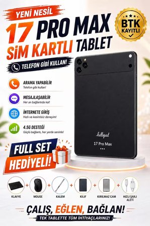 17 ProMax Sim Kartlı BTK Kayıtlı Full Set Hediyeli Klavye+Mous+Kalem+Kılıf+Şarj
