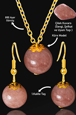 Sertifikalı Gold Küre Model Çilek Kuvars Taşı Kolye ve Küpe Seti - Gümüş Aparatlı
