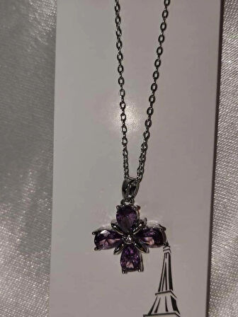ASG Kolye Mor Taşlı Çiçek Çelik Kolye
