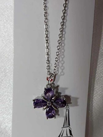 ASG Kolye Mor Taşlı Çiçek Çelik Kolye