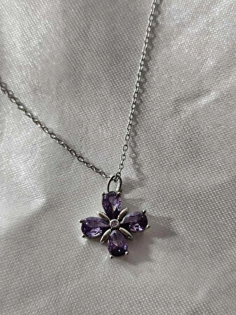ASG Kolye Mor Taşlı Çiçek Çelik Kolye