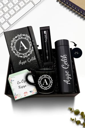 Kişiye Özel Siyah 500 ML Dereceli Termos & Defter & Kupa & Kalem Hediye Seti