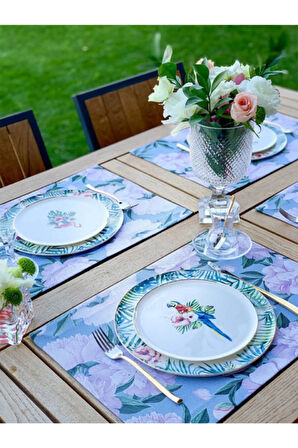 Blue - White Rose Kumaş Amerikan Servis 4'lü Set - 35x50 Keten, Ulusl.yıkama Ve Solmama Sertifikası