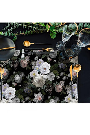 Siyah Çiçek Kumaş Amerikan Servis 4'lü Set - 35x50cm (keten, Ulusl. Yıkama Ve Solmama Sertifikası)