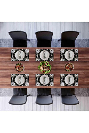 Siyah Çiçek Kumaş Amerikan Servis 4'lü Set - 35x50cm (keten, Ulusl. Yıkama Ve Solmama Sertifikası)
