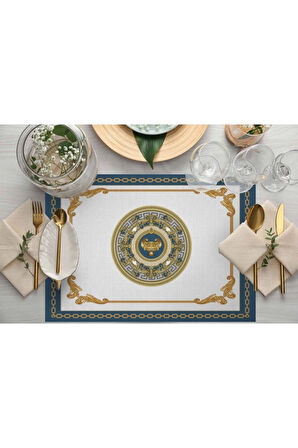 Mavi Barok Desen Kumaş Amerikan Servis 4'lü Set 35x50cm Keten, Ulusl. Yıkama Ve Solmama Sertifikası