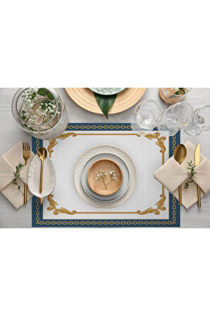 Mavi Barok Desen Kumaş Amerikan Servis 4'lü Set 35x50cm Keten, Ulusl. Yıkama Ve Solmama Sertifikası