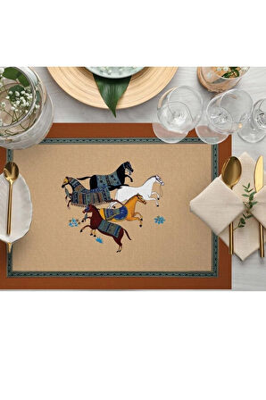 Figüratif At Kumaş Amerikan Servis 4'lü Set 35x50cm Keten Kumaş Ulusl.yıkama Ve Solmama Sertifikası