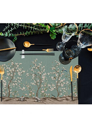 Yeşil Kuşlu Bahçe Kumaş Amerikan Servis 4'lü Set 35x50cm (Ulusl. Yıkama Ve Solmama Sertifikası)