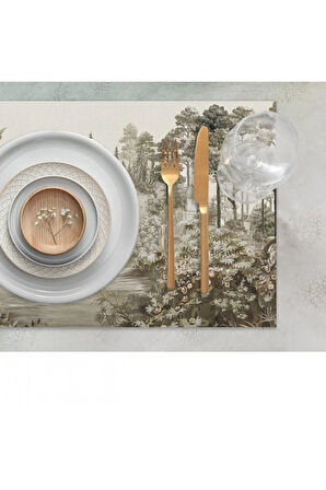 Ağaç Manzaralı Kumaş Amerikan Servis 4lü Set 35x50cm Keten Kumaş Ulusl.yıkama Ve Solmama Sertifikası