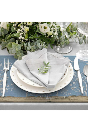 Çiçek Tasarımlı Mavi Kumaş Amerikan Servis 4'lü Set (Keten, Ulusl.yıkama Ve Solmama Sertifikası)