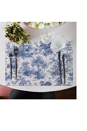 Saklı Bahçe - Mavi Kumaş Amerikan Servis 4'lü Set (keten Kumaş Ulusl. Yıkama Ve Solmama Sertifikası)