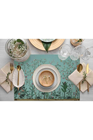 Turkuaz Renkli Çiçek Tasarımlı Kumaş Amerikan Servis 4'lü Set - Ulusl. Yıkama Ve Solmama Sertifikası