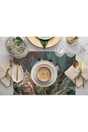 Tropikal Yaprak Tasarımlı Kumaş Amerikan Servis 4'lü Set Keten, Ulusl. Yıkama Ve Solmama Sertifikası