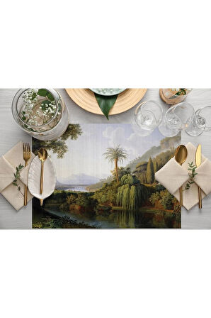 Yeşil Orman Manzaralı Kumaş Amerikan Servis 4'lü Set (keten, Ulusl. Yıkama Ve Solmama Sertifikası)