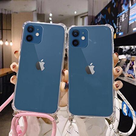 iPhone 12 6.1'' Boyun Askılı İpli Şeffaf Tank Kılıf