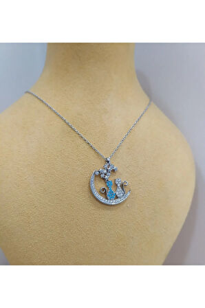 Modahilye 925 Ayar Gümüş Yıldızları Seyreden Kedi Tasarım Aşk Kolyesi