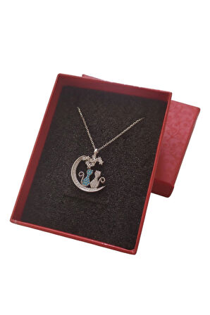 Modahilye 925 Ayar Gümüş Yıldızları Seyreden Kedi Tasarım Aşk Kolyesi