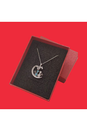 Modahilye 925 Ayar Gümüş Yıldızları Seyreden Kedi Tasarım Aşk Kolyesi