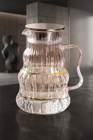 Sevy Paslanmaz Çelik Süzgeç Ve Vakumlu Kapak, Lüks Dalgalı Model Borosilikat Cam Sürahi 1600 ml 2'li Set