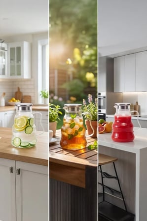 Sevy Paslanmaz Çelik Süzgeç Ve Vakumlu Kapak, Lüks Dalgalı Model Borosilikat Cam Sürahi 1600 ml 2'li Set