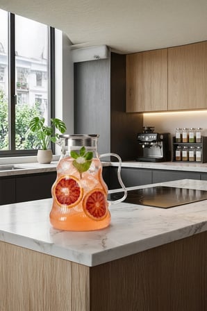 Sevy Paslanmaz Çelik Süzgeç Ve Vakumlu Kapak, Lüks Dalgalı Model Borosilikat Cam Sürahi 1600 ml 2'li Set
