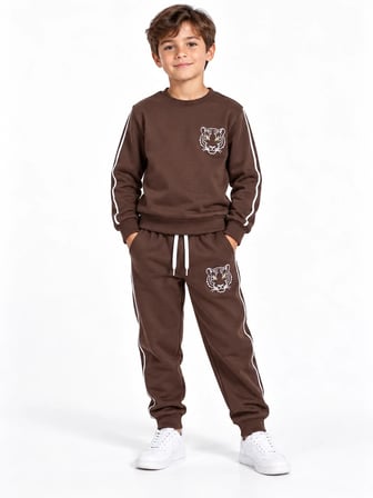 Kahverengi 3 İplik Erkek Çocuk Eşofman Takımı Kaplan Nakışlı Biyeli Sweatshirt ve Jogger Alt