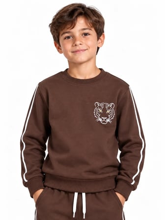 Kahverengi 3 İplik Erkek Çocuk Eşofman Takımı Kaplan Nakışlı Biyeli Sweatshirt ve Jogger Alt